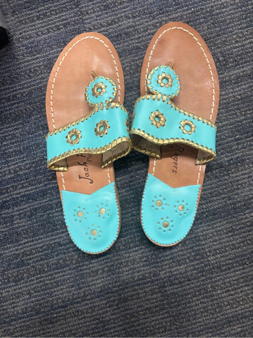 Jack Rogers Turquoise and Gold Portsea Slide Sandals